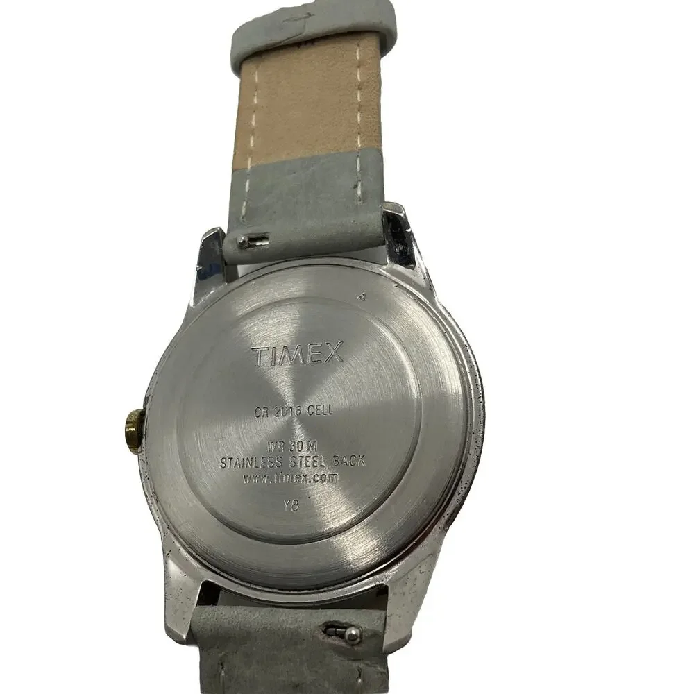 Timex Woman’s South Street Watch 36mm Silver Tone Day Date New Battery Leather